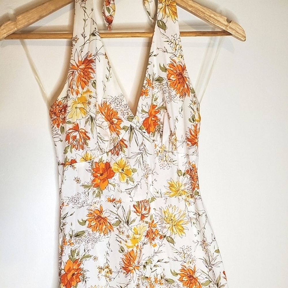 Springtime Song Orange, Green, Yellow and White Floral Print Halter Dress - Picture 11 of 16